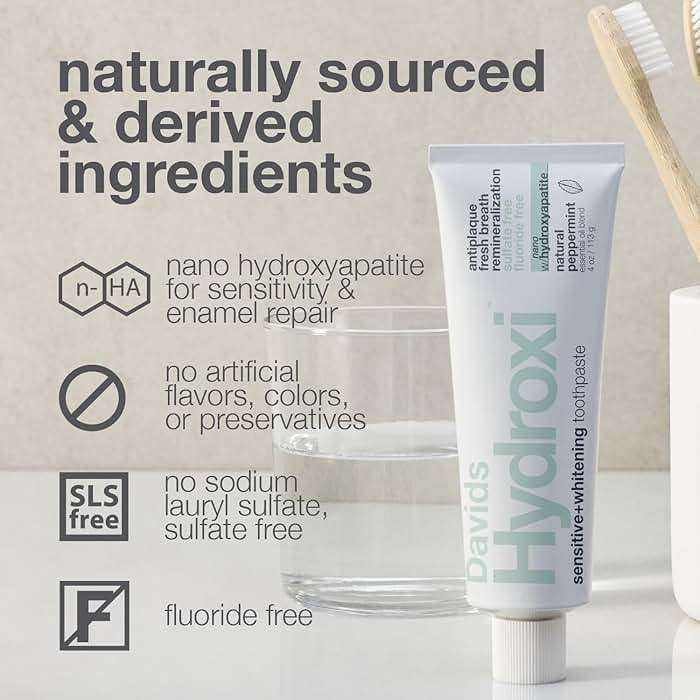 Davids Hydroxi Fluoride Free Nano Hydroxyapatite Toothpaste for Remineralizing Enamel & Sensitive Relief, Whitening, Antiplaque, SLS Free, Natural Peppermint, 5.25oz, Made in USA - Image 6