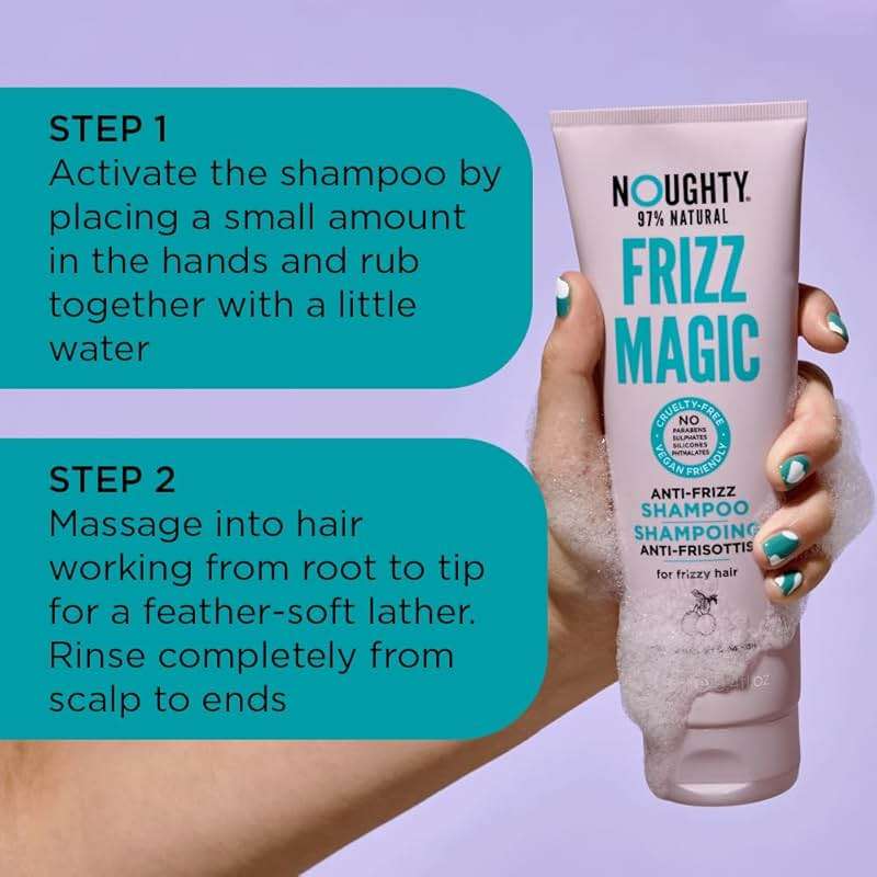 Noughty 97% Natural Frizz Magic Shampoo, Anti Frizz Cleanser for Frizzy and Curly Hair to Smooth and Shine with Marula Oil and Daikon, Sulphate Free Vegan Haircare 8.4fl.oz - Image 6