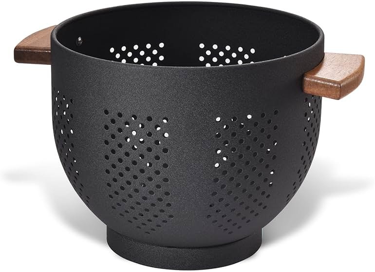 Metal Colander with Wood Handle and Stable Base, Powder Coated Steel Kitchen Strainer Basket for Draining Pasta, Vegetable and fruit(5.5quart,Matte Black) - Product Image