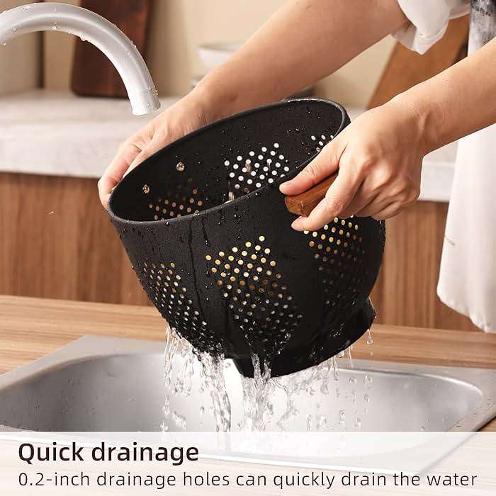 Metal Colander with Wood Handle and Stable Base, Powder Coated Steel Kitchen Strainer Basket for Draining Pasta, Vegetable and fruit(5.5quart,Matte Black) - Image 2