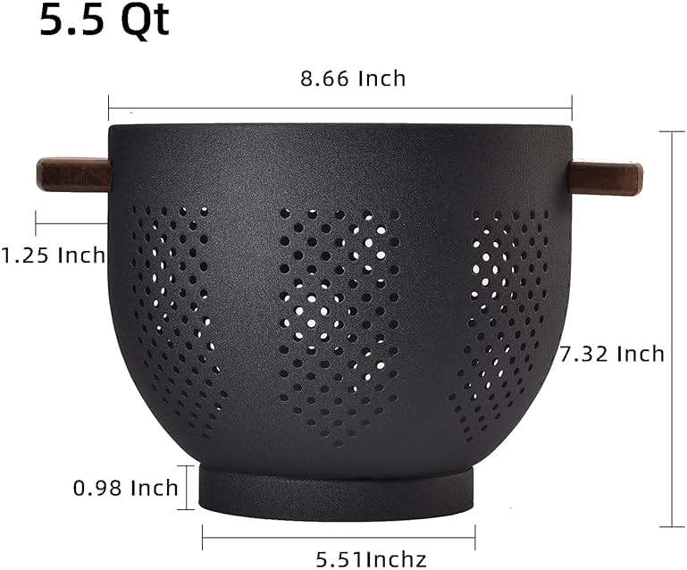 Metal Colander with Wood Handle and Stable Base, Powder Coated Steel Kitchen Strainer Basket for Draining Pasta, Vegetable and fruit(5.5quart,Matte Black) - Image 3