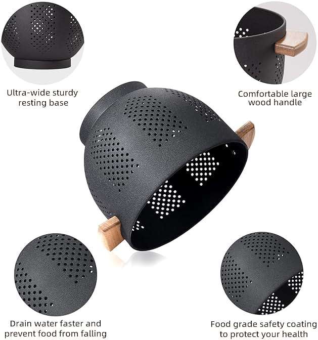 Metal Colander with Wood Handle and Stable Base, Powder Coated Steel Kitchen Strainer Basket for Draining Pasta, Vegetable and fruit(5.5quart,Matte Black) - Image 4