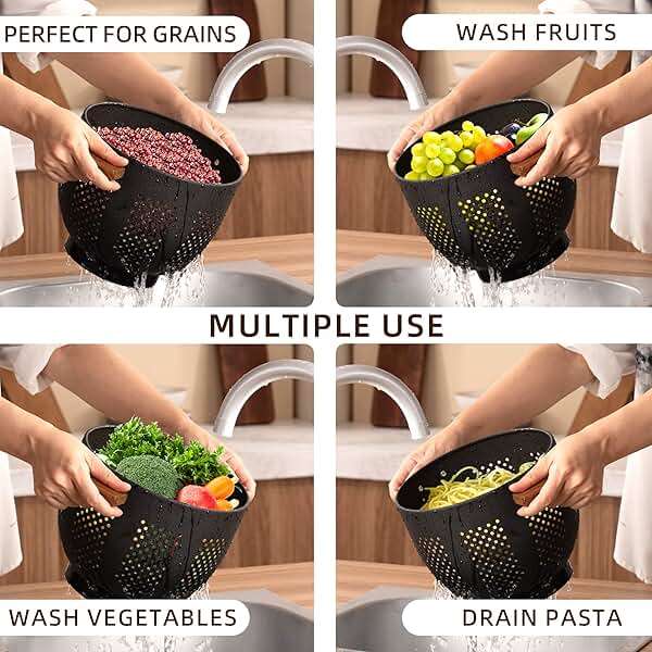 Metal Colander with Wood Handle and Stable Base, Powder Coated Steel Kitchen Strainer Basket for Draining Pasta, Vegetable and fruit(5.5quart,Matte Black) - Image 6