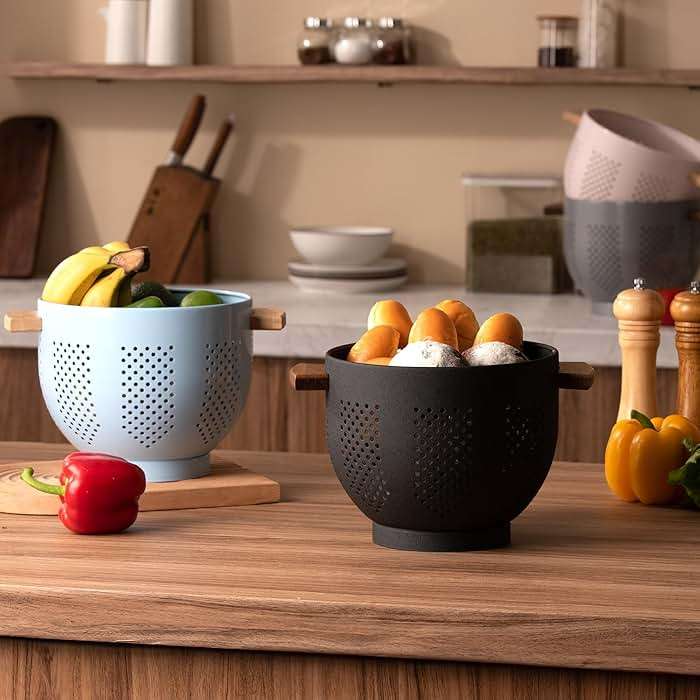 Metal Colander with Wood Handle and Stable Base, Powder Coated Steel Kitchen Strainer Basket for Draining Pasta, Vegetable and fruit(5.5quart,Matte Black) - Image 7