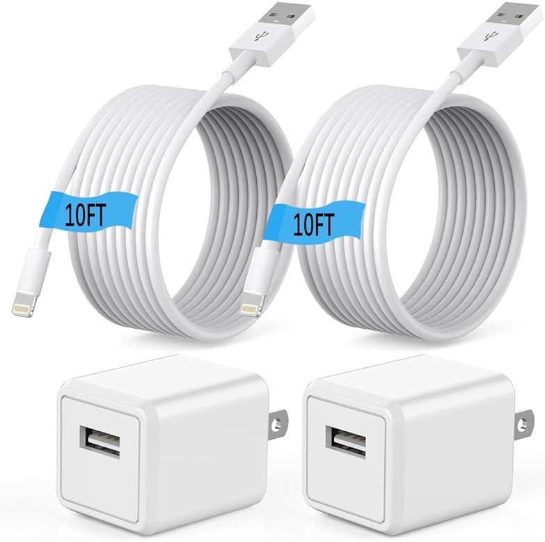 (Apple MFi Certified) iPhone charger 10ft,2Pack 10Foot Long Fast Charging Lightning Cord Cable 2Pack USB Wall Charger Travel Plug Adapter Box for iPhone 14/13/12 Mini/11 Pro Max/10/XS/XR/X/8/7/SE,iPad - Product Image