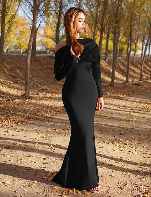 YMDUCH Women's Sexy Elegant Long Sleeve Off Shoulder Bodycon Long Evening Formal Dress - Image 3
