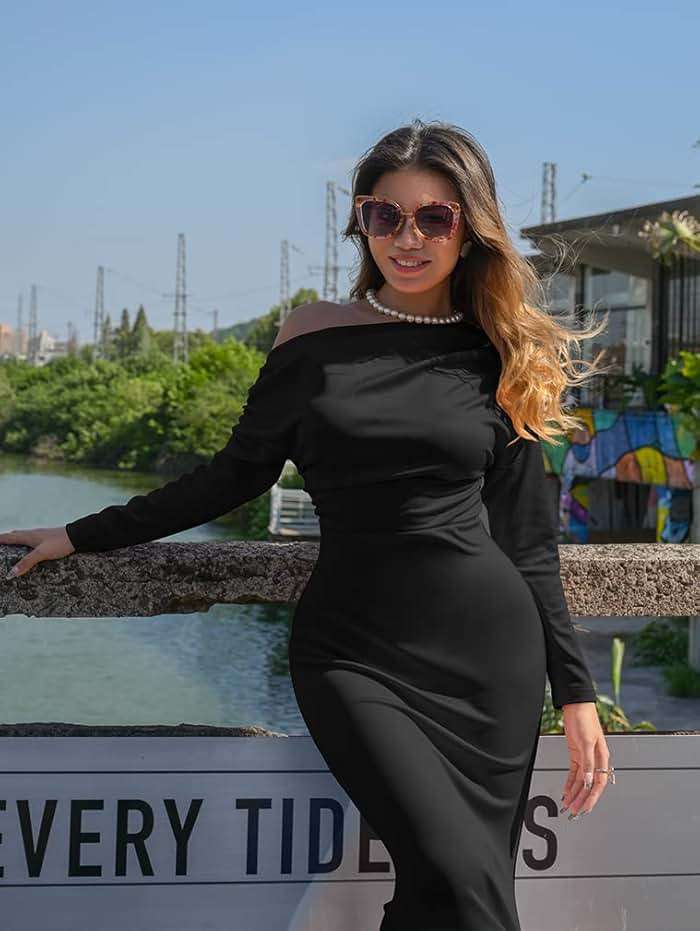 YMDUCH Women's Sexy Elegant Long Sleeve Off Shoulder Bodycon Long Evening Formal Dress - Image 5