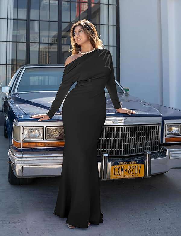 YMDUCH Women's Sexy Elegant Long Sleeve Off Shoulder Bodycon Long Evening Formal Dress - Image 6