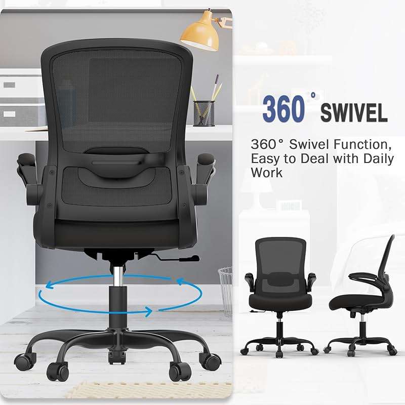 Mimoglad Ergonomic Office Chair - Desk Chair with Flip-up Armrests & 135° Recline, Adjustable Lumbar Support - Space-Saving Task Chair for Business/Team Office & Home (Black, 350lbs) - Image 4