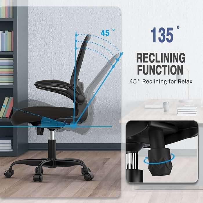 Mimoglad Ergonomic Office Chair - Desk Chair with Flip-up Armrests & 135° Recline, Adjustable Lumbar Support - Space-Saving Task Chair for Business/Team Office & Home (Black, 350lbs) - Image 6