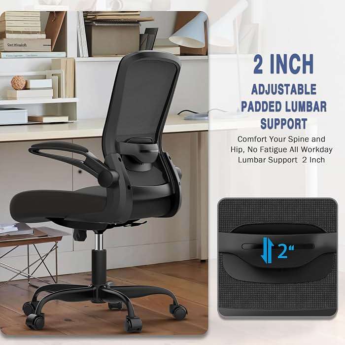 Mimoglad Ergonomic Office Chair - Desk Chair with Flip-up Armrests & 135° Recline, Adjustable Lumbar Support - Space-Saving Task Chair for Business/Team Office & Home (Black, 350lbs) - Image 8