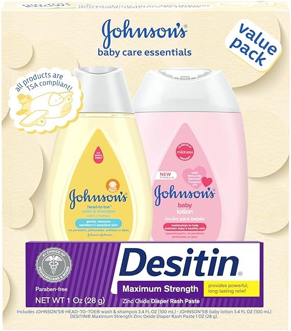 Johnson's Baby Care Essentials Gift Set, Body Lotion, & Zinc Oxide Diaper Rash Paste for Baby's Delicate Skin, Value Pack, Travel-Size, Bath Essentials Must Haves, Baby Gifts, 3 Items - Product Image
