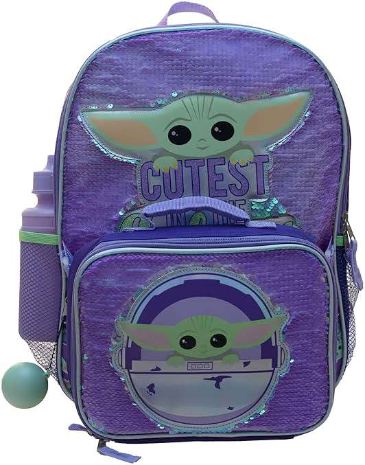 Disney’s Mandalorian Baby Yoda Girls 4 Piece Backpack set, Flip Sequin School Bag with Front Zip Pocket, Mesh Side Pockets, Insulated Lunch Box, Water Bottle, and Squish Ball Dangle, Purple - Image 2