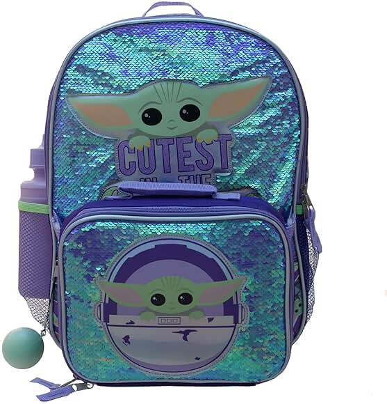 Disney’s Mandalorian Baby Yoda Girls 4 Piece Backpack set, Flip Sequin School Bag with Front Zip Pocket, Mesh Side Pockets, Insulated Lunch Box, Water Bottle, and Squish Ball Dangle, Purple - Image 3