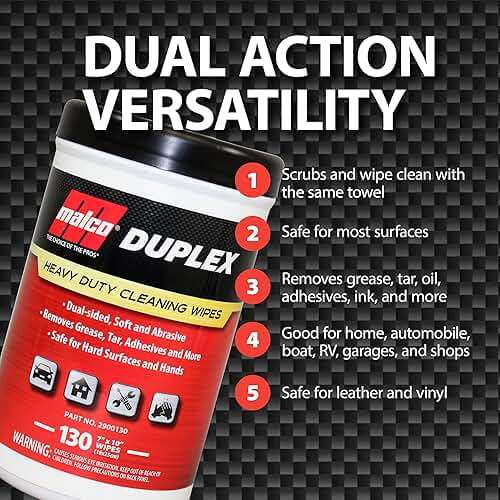 Malco Duplex Heavy Duty Cleaning Wipes for Home and Auto - Dual Sided Textured, Wet Wipe/Removes Grease, Tar, Paint, Oil, Dirt/No Residue/Safe for Hands/Made in USA (130 Wipes) - Image 4