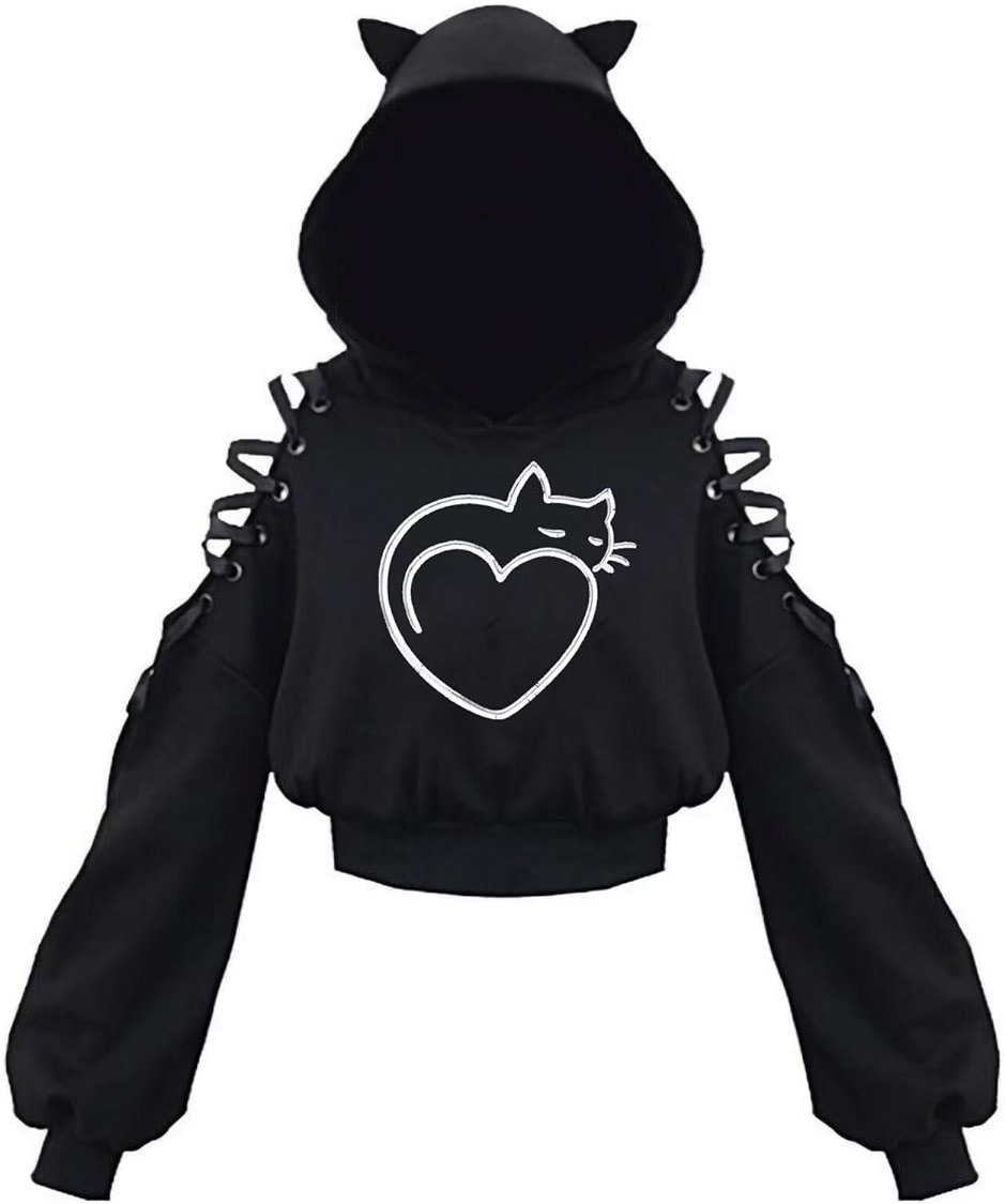 Women's Cat Ear Hoodie Pullover Long Sleeve Off Shoulder Cute Crop Top Hoodies Sweatshirt - Product Image