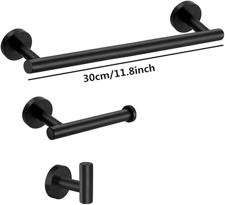 Bathroom Hardware Set 3 Pieces, 12Inch Towel Bar, Toilet Paper Holder, Hook, Stainless Steel Wall Mounted Hardware Accessories Set(Matt Black) - Image 2