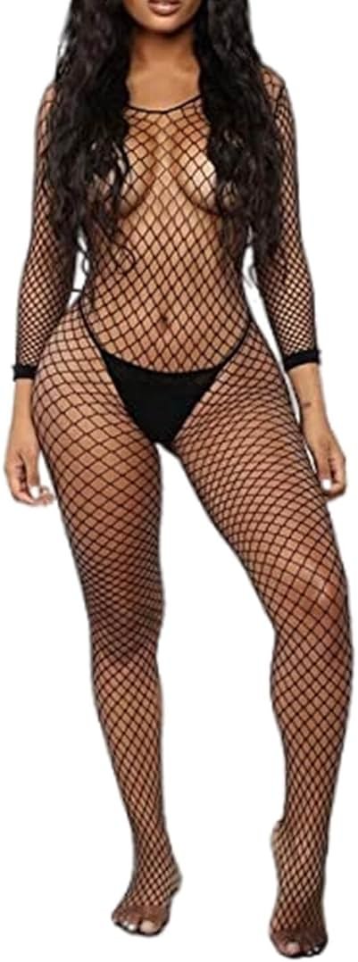 Walang Lip Women's Sexy Mesh BodyStocking Fishnet Lingerie Long Sleeve Bodysuits One Piece Jumpsuit Underwear Nightwear - Product Image