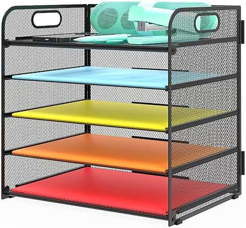 Letter Tray Paper Organizer 5-Tier Desk Organizer File Organizer Paper Holder with Handle, Metal Desktop Document Shelf Tray Office Classroom Organization - Black - Product Image