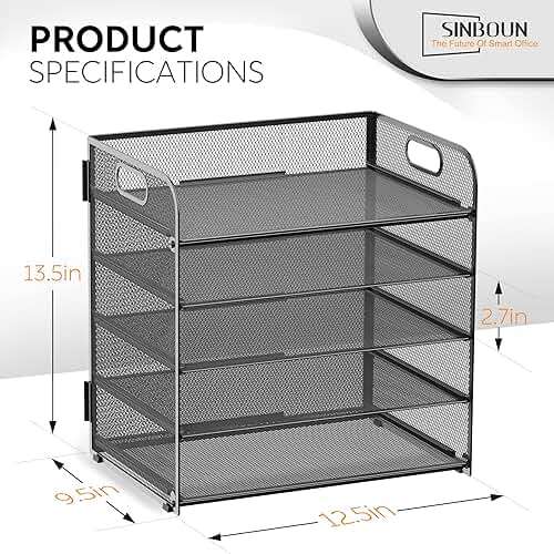 Letter Tray Paper Organizer 5-Tier Desk Organizer File Organizer Paper Holder with Handle, Metal Desktop Document Shelf Tray Office Classroom Organization - Black - Image 2