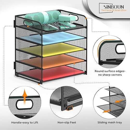 Letter Tray Paper Organizer 5-Tier Desk Organizer File Organizer Paper Holder with Handle, Metal Desktop Document Shelf Tray Office Classroom Organization - Black - Image 3