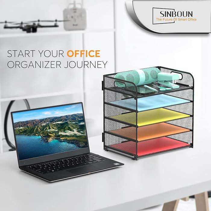 Letter Tray Paper Organizer 5-Tier Desk Organizer File Organizer Paper Holder with Handle, Metal Desktop Document Shelf Tray Office Classroom Organization - Black - Image 5