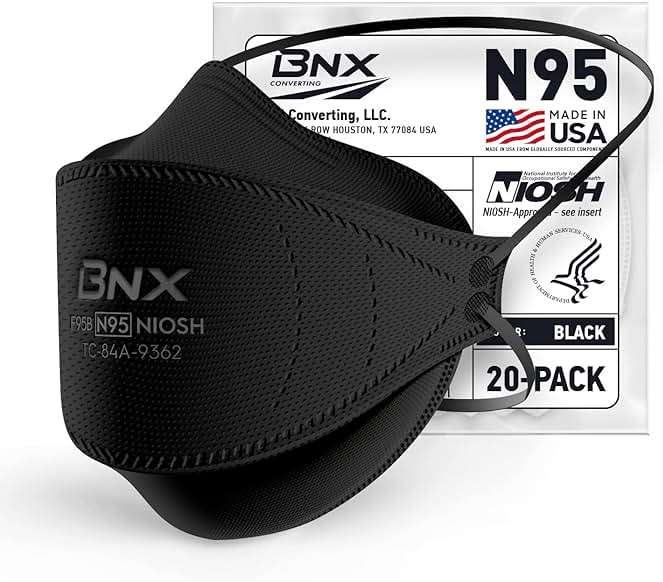 BNX N95 Mask NIOSH Certified MADE IN USA Particulate Respirator Protective Face Mask, Tri-Fold Cup/Fish Style, (20-Pack, Approval Number TC-84A-9362 / Model F95B) Black - Image 1