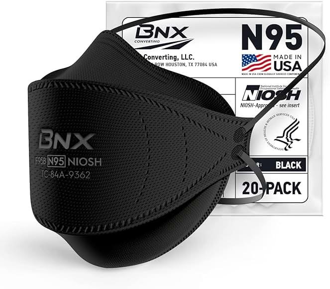 BNX N95 Mask NIOSH Certified MADE IN USA Particulate Respirator Protective Face Mask, Tri-Fold Cup/Fish Style, (20-Pack, Approval Number TC-84A-9362 / Model F95B) Black - Product Image