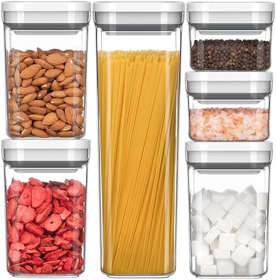 MR.SIGA 6 Piece Airtight Food Storage Container Set, BPA Free Kitchen Pantry Organization Canisters, One-handed Kitchen Storage Containers for Cereal, Spaghetti, Pasta, White - Product Image