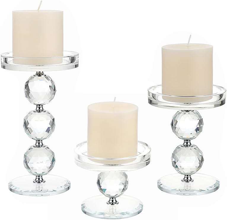 OwnMy Set of 3 Crystal Glass Pillar Candlestick Holders Clear Pillar Candle Holders Sets, Tealight Votive Candle Stands Modern Candle Centerpiece for Living Room Wedding Decor - Image 1