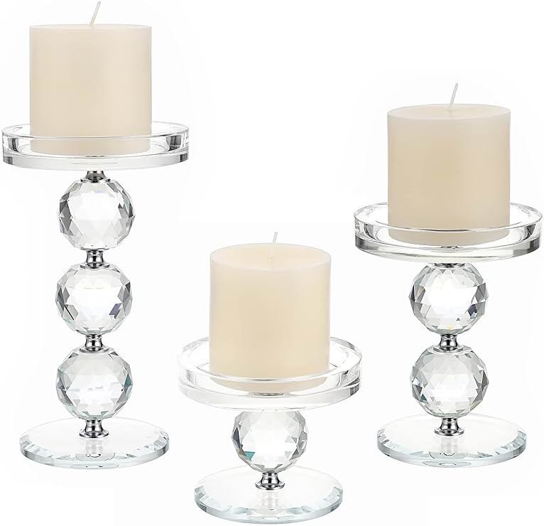 OwnMy Set of 3 Crystal Glass Pillar Candlestick Holders Clear Pillar Candle Holders Sets, Tealight Votive Candle Stands Modern Candle Centerpiece for Living Room Wedding Decor - Product Image