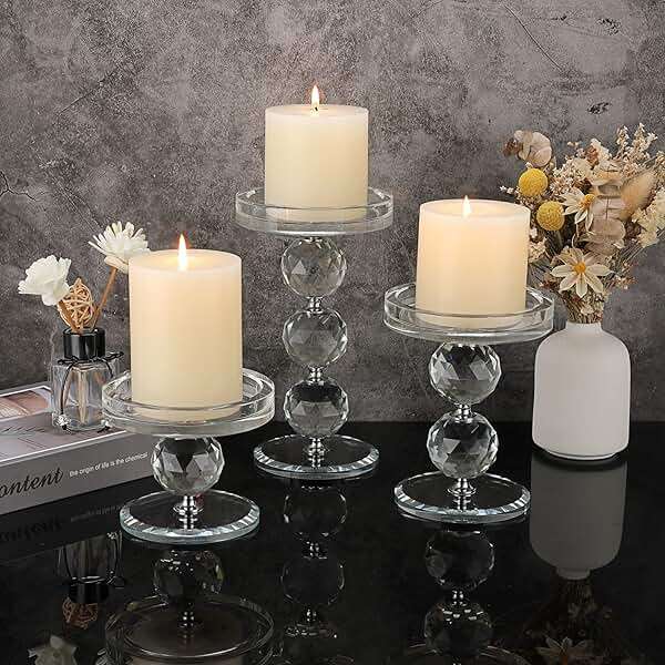 OwnMy Set of 3 Crystal Glass Pillar Candlestick Holders Clear Pillar Candle Holders Sets, Tealight Votive Candle Stands Modern Candle Centerpiece for Living Room Wedding Decor - Image 7