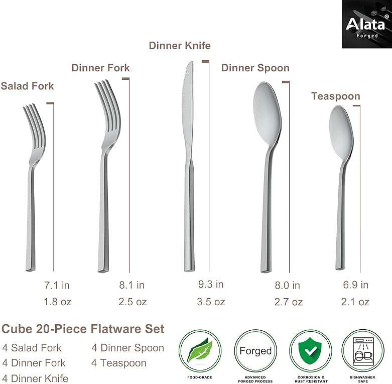 Alata Cube 20-Piece Forged Silverware Set Stainless Steel Flatware Set,Service for 4,Matte Satin Polished Cutlery Set,Dishwasher Safe - Image 5