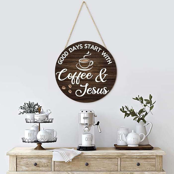 HMASYO Wood Coffee Signs, Good Days Start with Coffee & Jesus, Wood Farmhouse Wall Sign Bar Decor for Kitchen, Home, Office, Cafe Station Housewarming Gift, 12'' x 12'' - Image 2