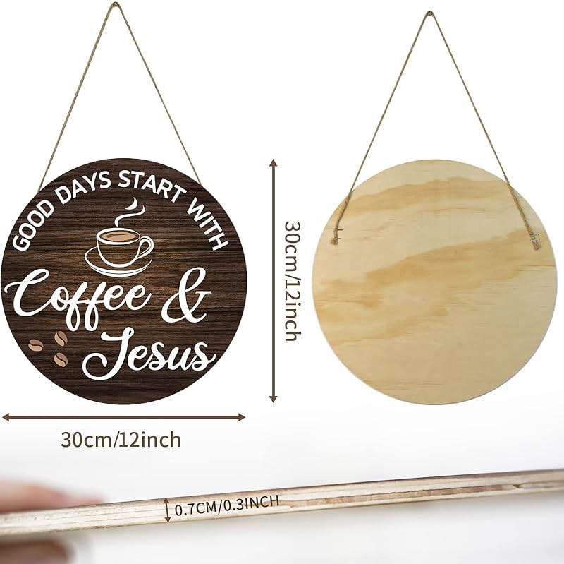HMASYO Wood Coffee Signs, Good Days Start with Coffee & Jesus, Wood Farmhouse Wall Sign Bar Decor for Kitchen, Home, Office, Cafe Station Housewarming Gift, 12'' x 12'' - Image 3
