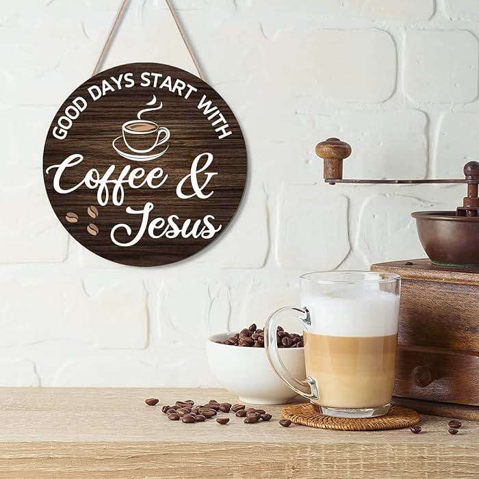 HMASYO Wood Coffee Signs, Good Days Start with Coffee & Jesus, Wood Farmhouse Wall Sign Bar Decor for Kitchen, Home, Office, Cafe Station Housewarming Gift, 12'' x 12'' - Image 4