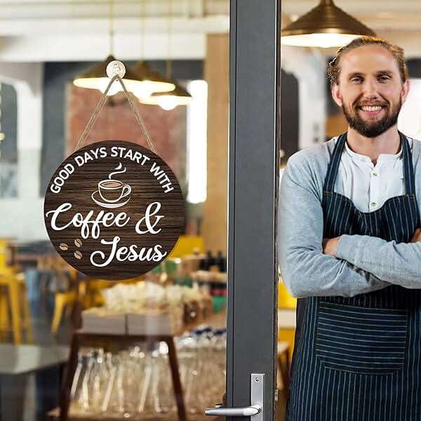 HMASYO Wood Coffee Signs, Good Days Start with Coffee & Jesus, Wood Farmhouse Wall Sign Bar Decor for Kitchen, Home, Office, Cafe Station Housewarming Gift, 12'' x 12'' - Image 7