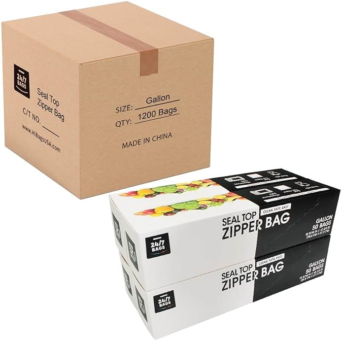 Gallon Zip Storage Bags- 1200 Count, Easy Grip Tabs, Zero BPA, Microwave Safe with Write-On Space, 24 Boxes of 50 - Product Image