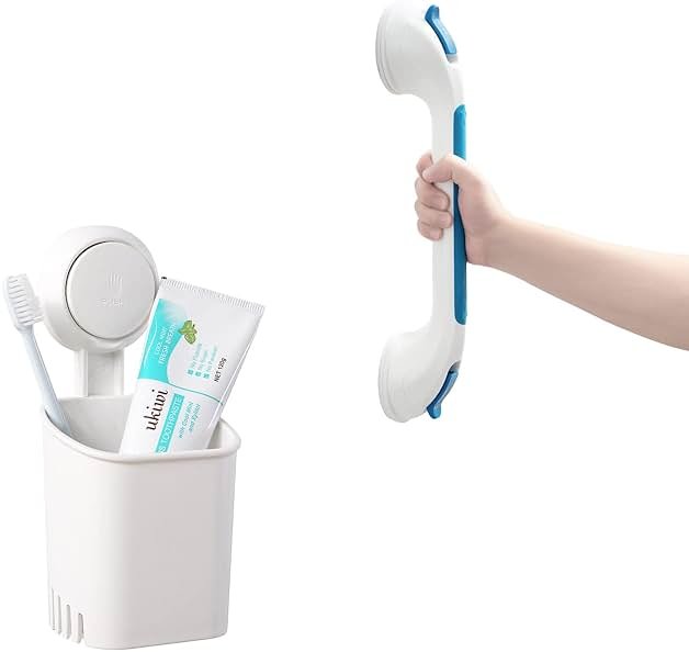 TAILI Suction Shower Grab Bar + Toothbrush Holder Bathroom Safety Handle Bathroom Organizer No Drilling and Removable Suction Mounted - Product Image