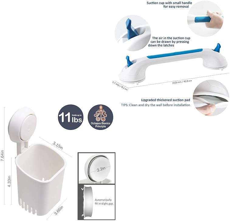 TAILI Suction Shower Grab Bar + Toothbrush Holder Bathroom Safety Handle Bathroom Organizer No Drilling and Removable Suction Mounted - Image 2