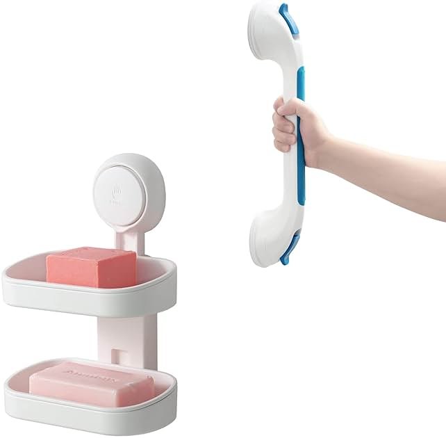 TAILI Suction Shower Grab Bar + Double Layer Soap Dish Holder Bathroom Safety Handle Bathroom Organizer No Drilling and Removable Suction Mounted - Product Image