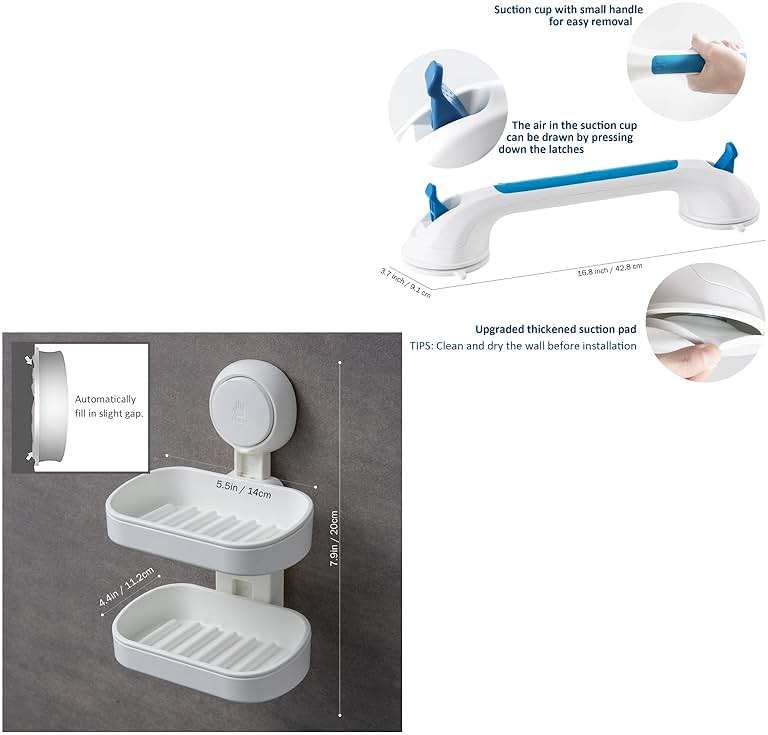 TAILI Suction Shower Grab Bar + Double Layer Soap Dish Holder Bathroom Safety Handle Bathroom Organizer No Drilling and Removable Suction Mounted - Image 2
