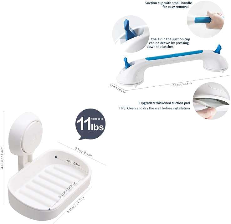 TAILI Suction Shower Grab Bar + Soap Dish Holder Bathroom Safety Handle Bathroom Organizer No Drilling and Removable Suction Mounted - Image 2