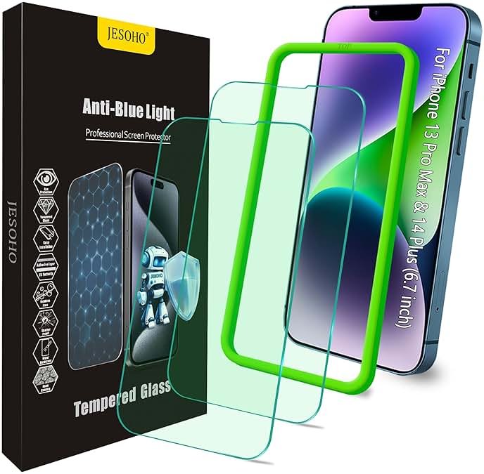 JESOHO Blue Light Screen Protector for iPhone 13 Pro Max & iPhone 14 Plus (6.7''), Eye Protection Tempered Glass Film, Scratch-Resistant, No Bubble with Easy Installation Kit, 2 Pack - Product Image