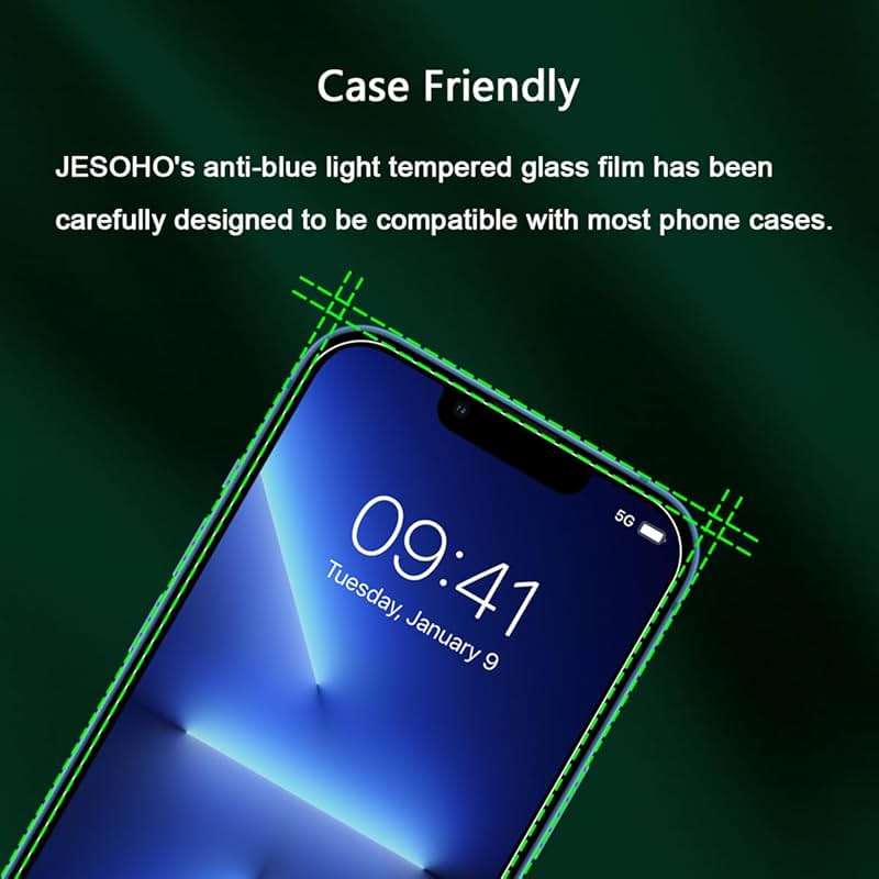 JESOHO Blue Light Screen Protector for iPhone 13 Pro Max & iPhone 14 Plus (6.7''), Eye Protection Tempered Glass Film, Scratch-Resistant, No Bubble with Easy Installation Kit, 2 Pack - Image 8