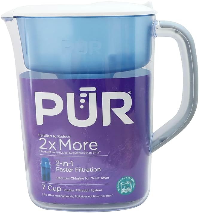 PUR 7-Cup Water Filter Pitcher, Cleaner, Great-Tasting Water, Dishwasher Safe, Powerful, Faster Filtration, LockFit Cap Design - White - Product Image
