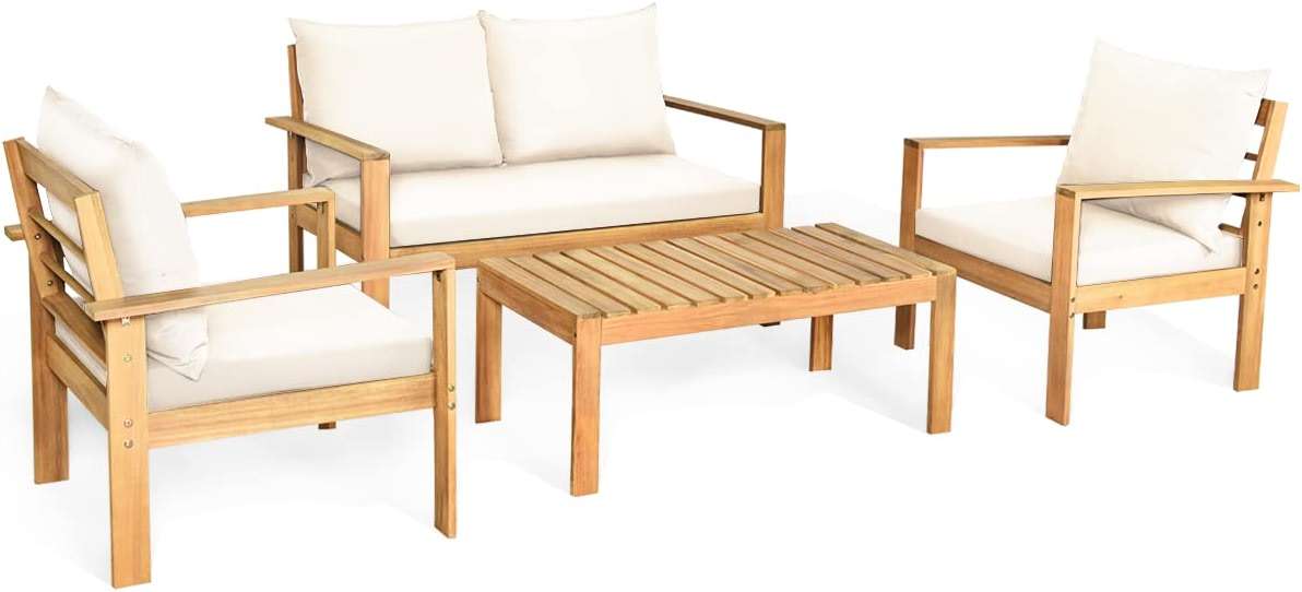 Tangkula Outdoor 4-Piece Acacia Wood Chat Set, 4 Seater Acacia Wood Conversation Sofa and Table Set with Water Resistant Cushions, Teak Finished (1, White) - Image 1
