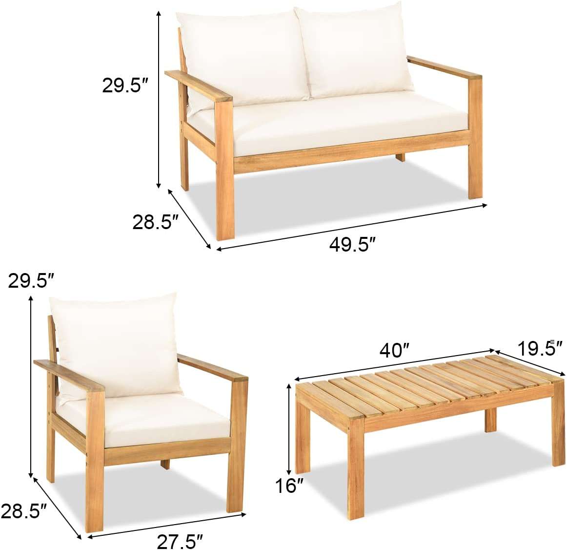 Tangkula Outdoor 4-Piece Acacia Wood Chat Set, 4 Seater Acacia Wood Conversation Sofa and Table Set with Water Resistant Cushions, Teak Finished (1, White) - Image 3