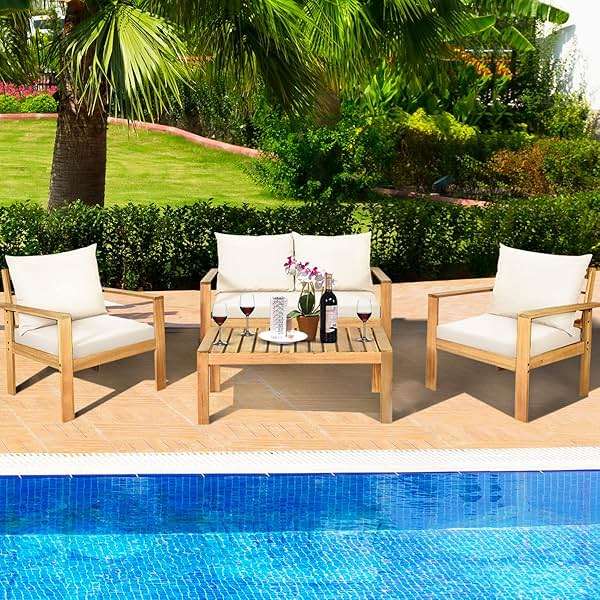 Tangkula Outdoor 4-Piece Acacia Wood Chat Set, 4 Seater Acacia Wood Conversation Sofa and Table Set with Water Resistant Cushions, Teak Finished (1, White) - Image 4