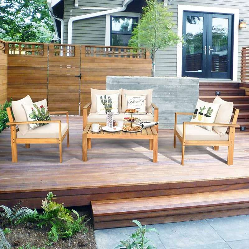 Tangkula Outdoor 4-Piece Acacia Wood Chat Set, 4 Seater Acacia Wood Conversation Sofa and Table Set with Water Resistant Cushions, Teak Finished (1, White) - Image 5